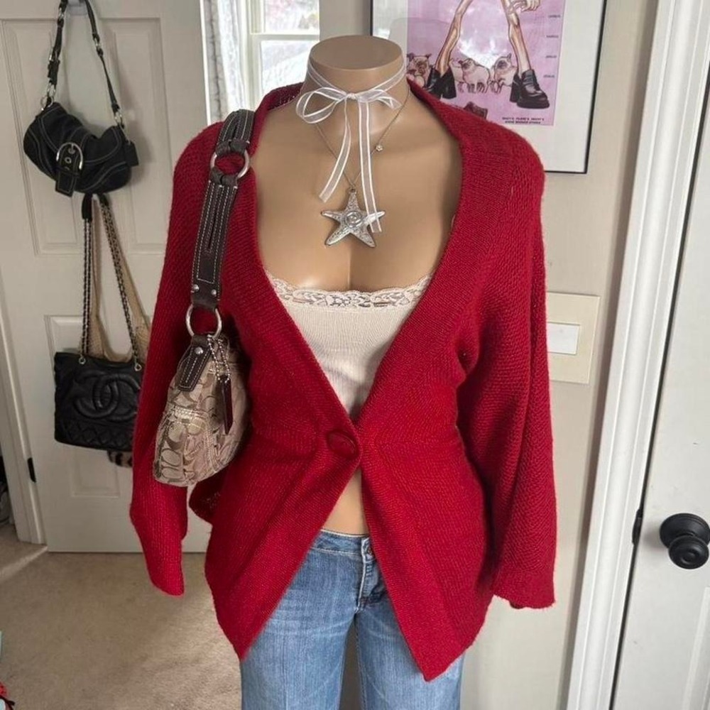 Y2K 2000s romantic Red Slouchy babydoll Cardigan sweater